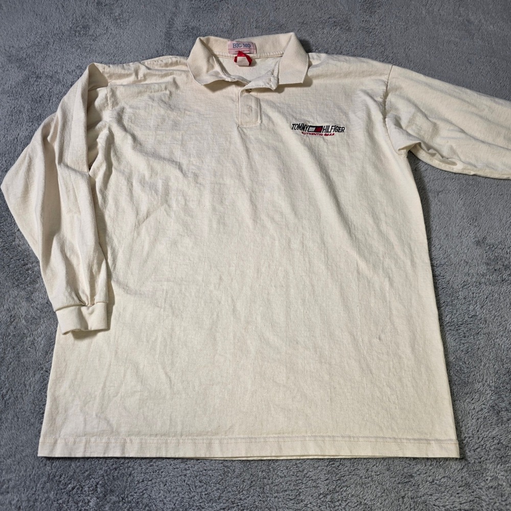Tommy Hilfiger Mens XL Polo Shirt Cream Vintage Big Mo Long Sleeve‎ Embroidered